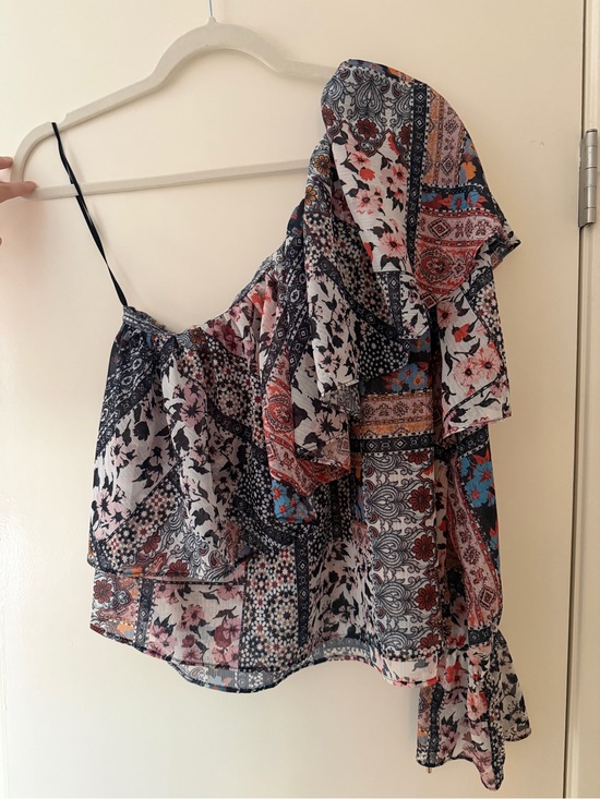 Tops - Boho Patchwork One-Shoulder Ruffle Top in Multicolor